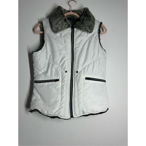 KC Collection Reversible Veste Faux Beaver Fur Full Zip Pockets White Gray Sz M - Picture 1 of 8
